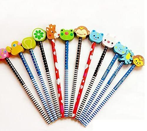 HILY Colorful Birthday Fun Pencil Set with Cartoon Rubber Eraser for Kids (Pack of 24)