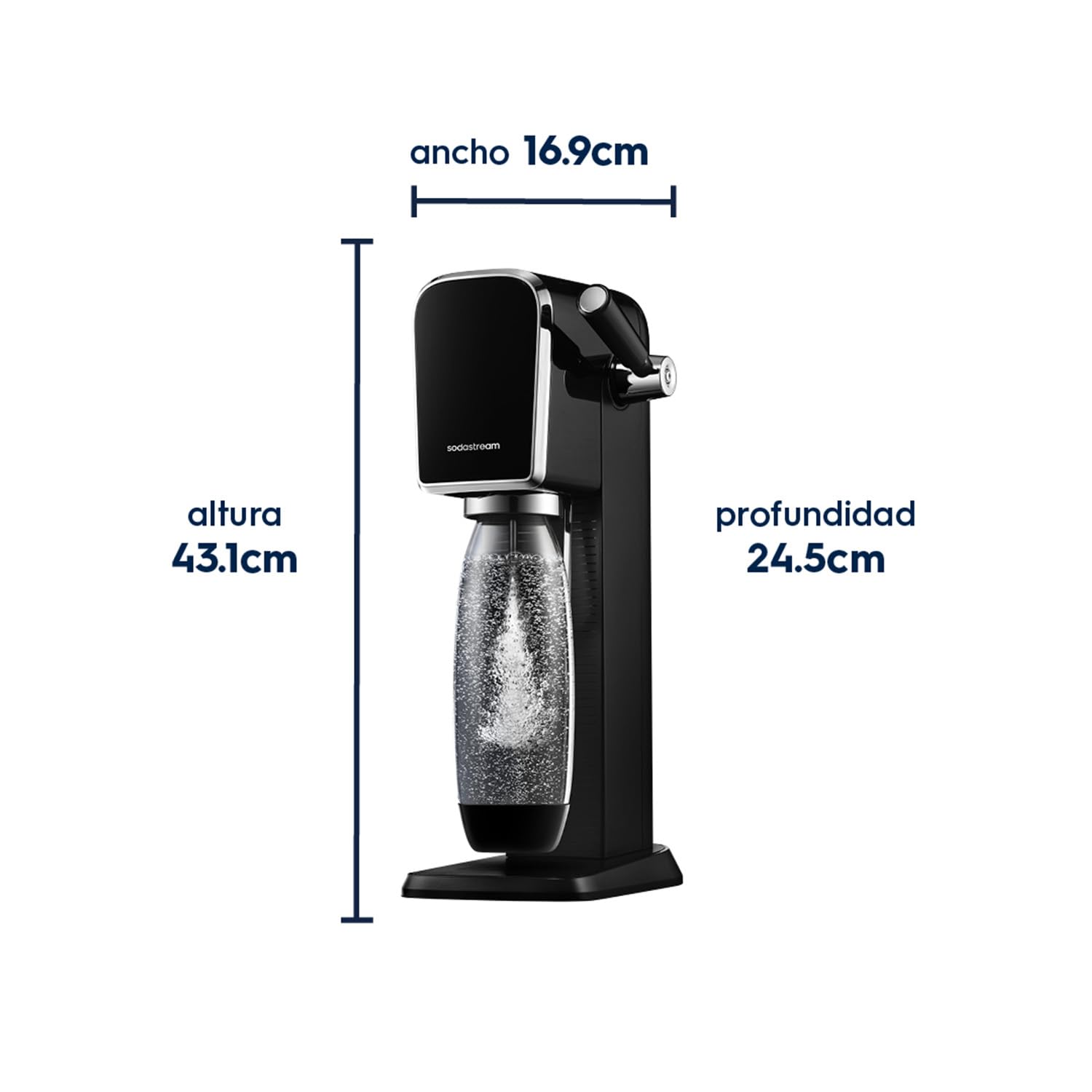El gasificador de agua Art SodaStream incluye un cilindro de CO₂ para preparar 60 litros de agua con gas y una botella de 1 litro apta para el lavavajillas,reduce los residuos de plástico,color negro