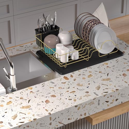 Buruis Dish Drying Rack, Gold Dish Drainer with Anti-Slip Rubber Feet Organizer Includes Removable Drain Board and Utensil Holder, Large Capacity Stainless Steel Dish Racks for Kitchen (Black) - Thumbnail 4