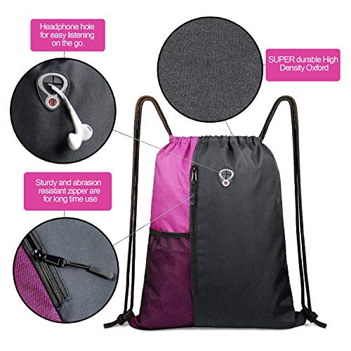 Image of BeeGreen Sports Bag Drawstring Backpack With Water Bottle Pocket &Front Zippered Pocket Large String Bag Pack For Men Women