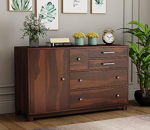 Image of Solid Sheesham Wooden Drawer Sideboard Cabinet & Chest of Drawers with 4 Drawer and 2 Door Storage | Multipurpose Storage Kitchen Crockery Unit Rack for Home Living Room | Walnut