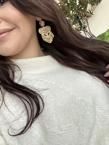 Folklorico Dance Traditional Mexican Gold Filigree Earrings, Heart Shape Earrings, Day of the Dead, Mexican Earrings, Heart Earrings4