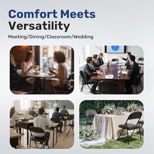 Image of Simple Deluxe Dining Chairs Set of 4, Leather Cushion Foldable Modern Kitchen Side Chair with Padded Back& Metal Legs, Upholstered Dinner Seat Gift for Home /Living Room /Bedroom /Restaurant, Black