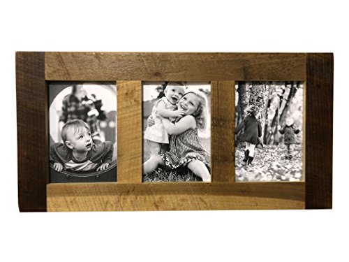 Image of Rustic Wooden Collage Picture Frame, Wood Multi Photo Holder for Wall, Horizontal and Vertical Display, Reclaimed Barnwood, 3 Openings each 5x7