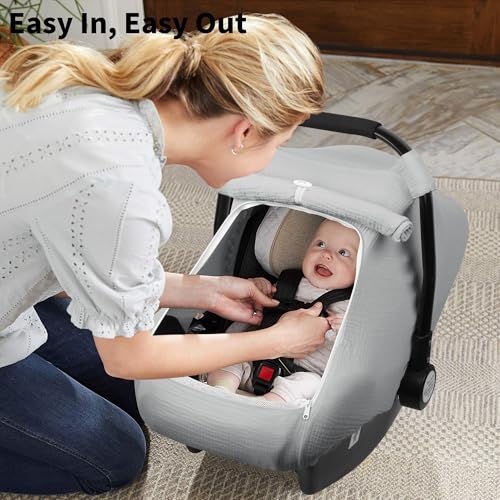 Image of Rquite Car Seat Cover Baby, Carseat Covers Girl Boy, Breathable Muslin Cotton, Large Mesh Window, Infant Car Seat Canopy Baby Carrier Cover Stroller Sun Shade for Summer & Hot Day, Grey