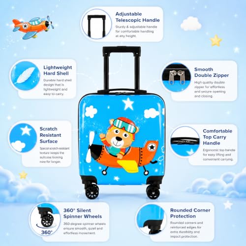 Image of Storite 18In Kids Luggage Trolley Hard Shell Cabin Suitcase | Cute Cartoon Bear Pilot Design Suitcase Ideal For School Trips Vacations Holidays And Weekend Travel (Blue - 35 x 23 x 38 Cm)