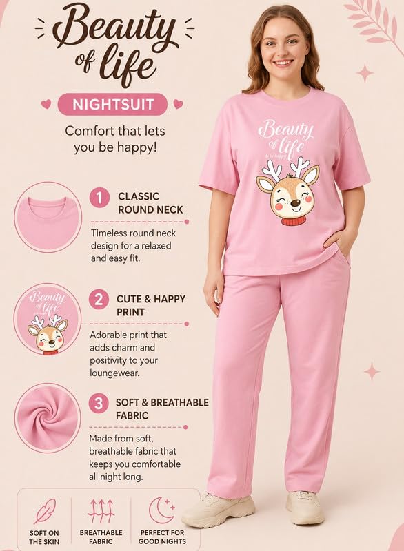 Image of My Swag Womens Cotton Printed Nightsuit Set |T-Shirt & Pajama Pants | Soft Breathable Sleepwear and Loungewear for Women