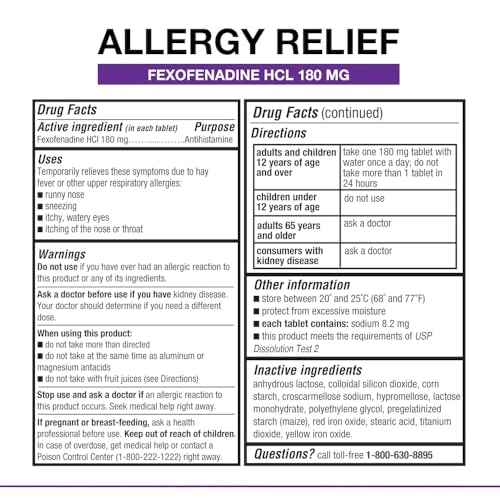 Puregen Labs Allergy Relief, Fexofenadine 180mg, 100 Tablets – 24 Hour Non-Drowsy Antihistamine Allergy Medicine for Runny Nose, Sneezing, Itchy, Watery Eyes - Made in USA