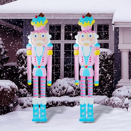 GlikCeil 2pcs 6ft Large Pink Metal Christmas Nutcracker Outdoor Decoration Xmas Pastel Candy Cane Theme Nutcracker Yard Signs Christmas Tall Soldier Stakes for Whimsical Garden Lawn Porch Decor