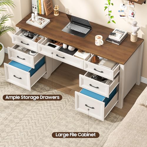Image of Vabches Farmhouse Executive Desk, Wood Home Office Desk with 2 Large File Drawers and 5 Storage Cabinets, Rustic Writing Desk for Work and Study, Brown