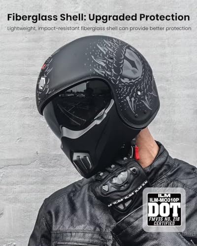 ILM Fiberglass Open Face Motorcycle 3/4 Half Helmet for Men Women Lightweight Vintage with Visor for Moped Cruiser Scooter DOT Model MO310P(DemonEye,M)