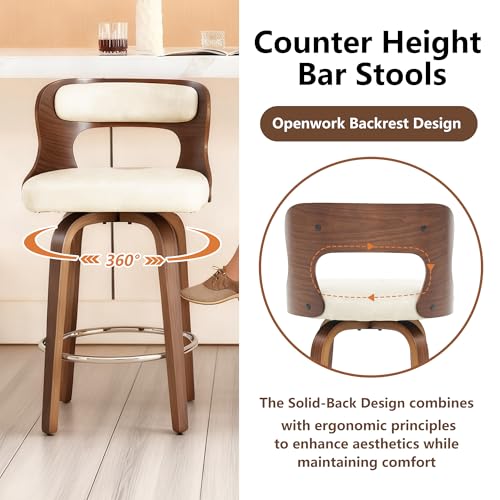 Image of Swivel Bar Stools Set of 1, 26 inch Counter Height Bar Stools, Mid-Century Modern PU Leather Modern Island Chairs with Back and Footrest, for Kitchen, Bar, Restaurant, Cafe (Beige Gray)