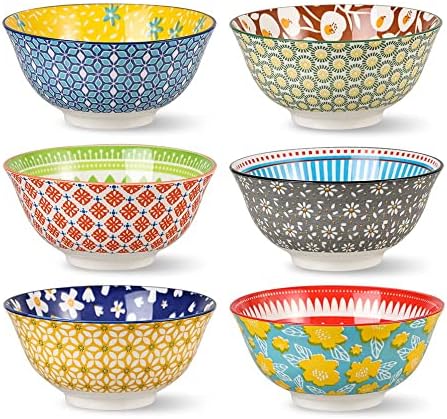 Porcelain Soup Cereal Bowls Set - Ceramic Bowls for Kitchen 23 oz - 6 Colorful Patterned Cute Bowl Sets - 6 Inch Deep Bowls for Oatmeal | Oat | Noodle | Breakfast - Dishwasher and Microwave Safe