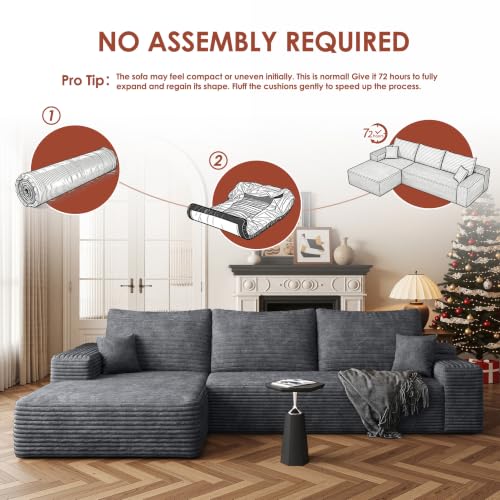 Image of Boneless Couch, Modular Sectional Couches for Living Room, U-Shaped Cloud Couch Sofa with Deep Seat, Fluffy Corduroy Upholstered Corner Sofa