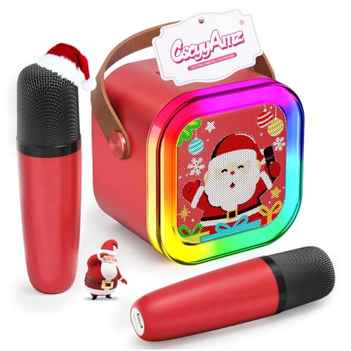 Image of CscyyAmz Santa Style Mini Karaoke Machine with 2 Wireless Microphones, Portable Bluetooth Speaker, Battery Powered, for Kids 4-12 Years (Santa Red)