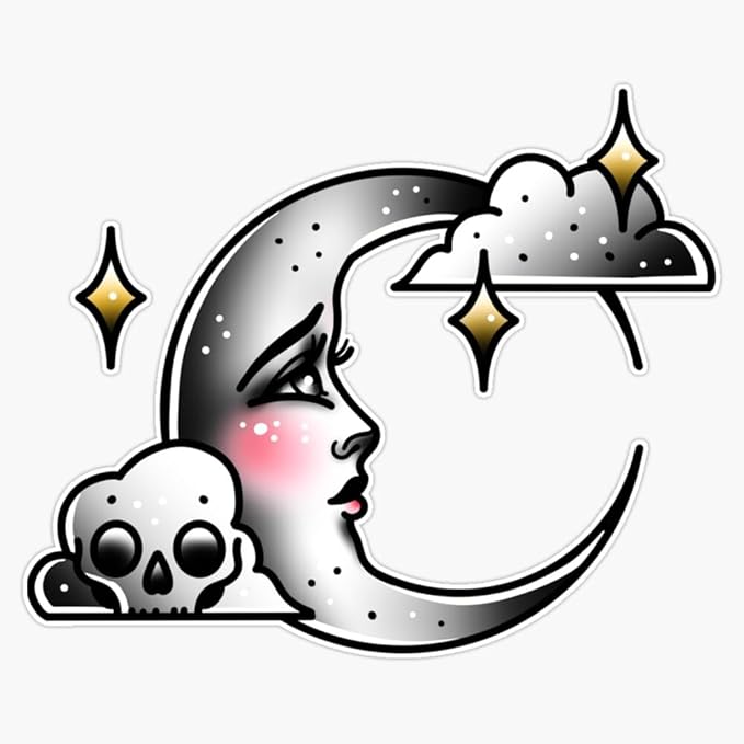 Lady Moon and Skull Cloud Vintage Cute Traditional Flash Tattoo Sticker Vinyl Waterproof Sticker Decal Car Laptop Wall Window Bumper Sticker 5
