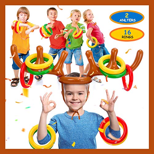 Balhvit 18Pcs Inflatable Reindeer Antler Ring Toss Game, Christmas Games for Kids Adults, Indoor Outdoor Xmas Party Games Holiday Favors Supplies for Families (2 Antlers &16 Rings & Hand-Held Pump)