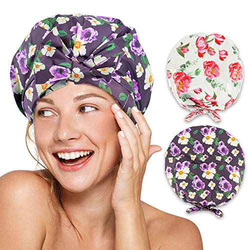 Femmace Fashionable Hair Shower Cap with Bow  Waterproof Shower Cap For Women (Floral)  Washable, Breathable & Reusable Head Cover  Designer Bonnets For Women With Long Hair