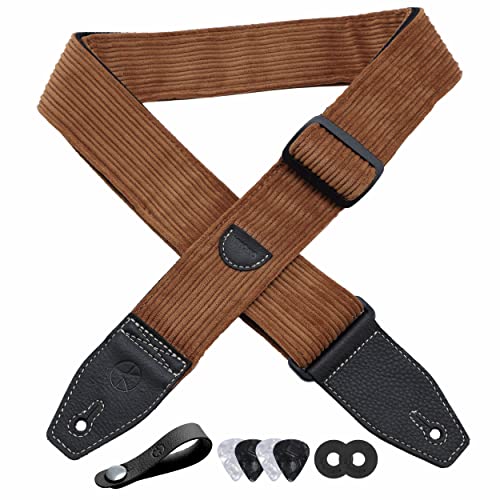 Yikoko Guitar Strap, 2" Corduroy Full Grain Leather End Guitar Straps For Bass, Electric And Acoustic Guitars, Complimentary Strap Button, 1 Pair Of Strap Locks And 4 Guitar Picks - Caramel Brown #TOP5