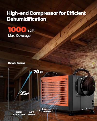 Image of VEVOR 70 Pints Commercial Dehumidifier with Drain Hose, Portable Crawl Space Dehumidifiers for Basement Storage Room Industrial, Auto Defrost /Drainage, Heavy-duty Galvanized Steel, LED Indicate