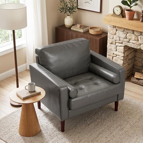 Image of Faux Leahter Accent Chairs Stet of 2, Comfy Upholstered Armchairs for Living Room, Modern Bedroom Reading Seat with 2 Bolster Pillows, Dark Gray
