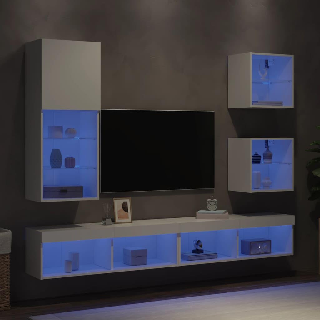 Gecheer Set di 5 armadietti per TV, moderni, mobili per TV, soggiorno, armadio, parete multimediale, TV, pannello basso, armadio, parete per TV, tavolo da soggiorno, in legno bianco, vetro