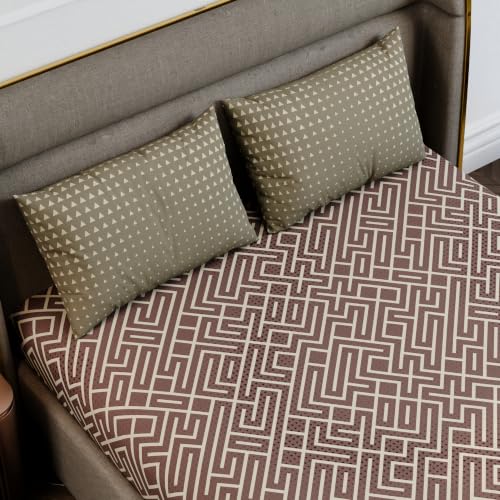 Image of Stoa Paris 100% Cotton King Size Fitted Bedsheet with 2 Pillow Covers, 180TC Printed Bedding Set, All-Season Comfort, Soft & Lightweight, Home Decor, Urbanscape - Mauve Labyrinth (182cmx198cm+30cm)