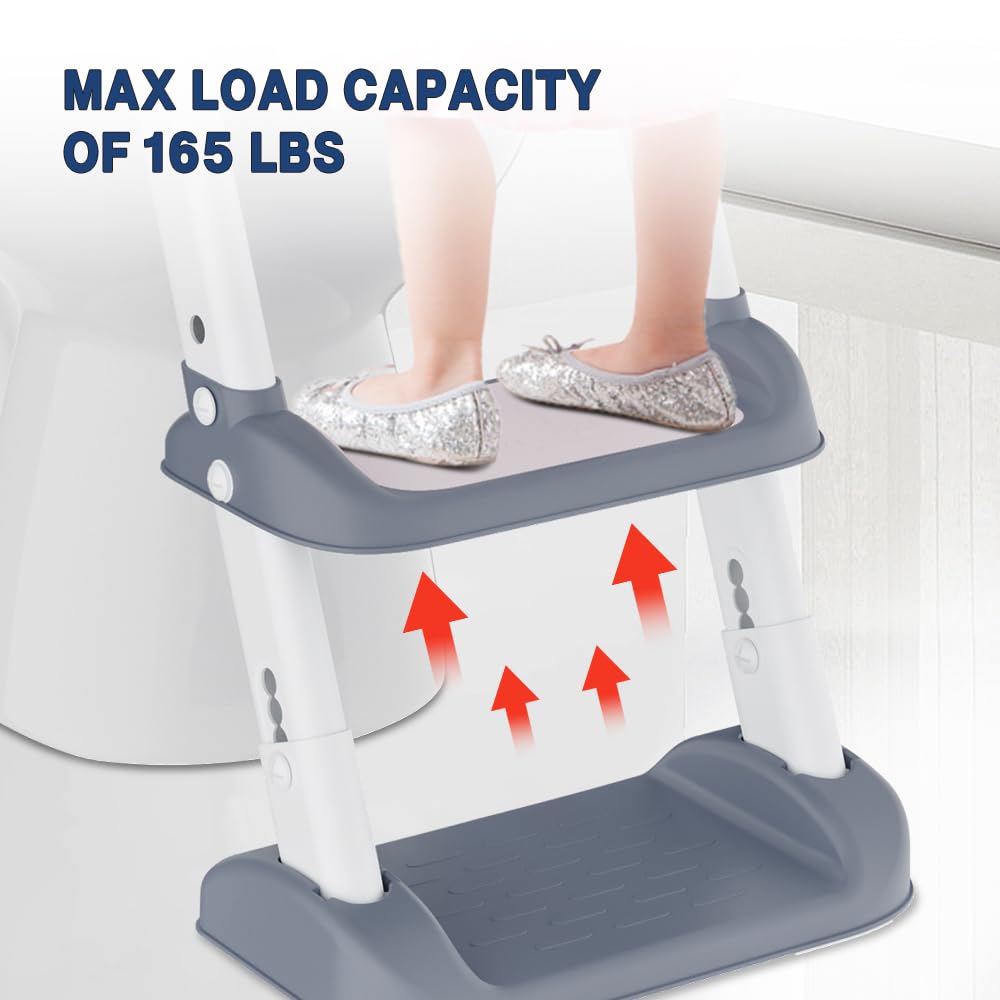 Potty Training Toddler Seat with Ladder, Babevy Double Step Potty Step Stool for Kids, Foldable Potty Toilet Seat with PU Cushion, 6-Leves Height and Wide Anti-Slip Pad for Baby Boys Girls, Light Grey