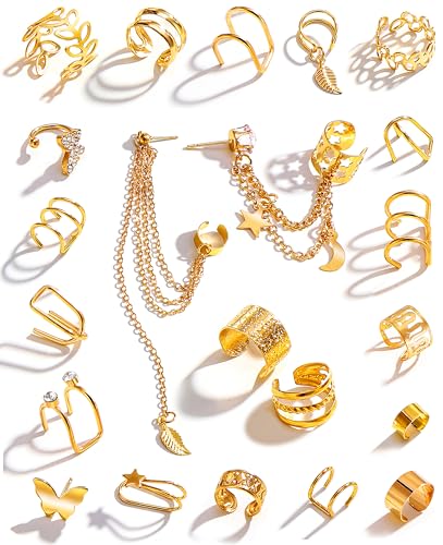 22Pcs Golden Ear Cuffs Earrings for Women Non Piercing Lightweight, Adjustable Hypoallergenic Fake Clip On Cartilage Butterfly Chain Twist Helix Leaf Wrap Earrings Set, Trendy Jewelry