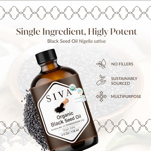 Image of SIVA ORGANICS Black Seed Carrier Oil with Dropper, 4 Fl Oz (118 ml) | Organic Black Seed Oil for Hair Care, Hair Oiling, Scalp Massage, Skin Care, Body Massage & DIY Recipes in Glass Bottle