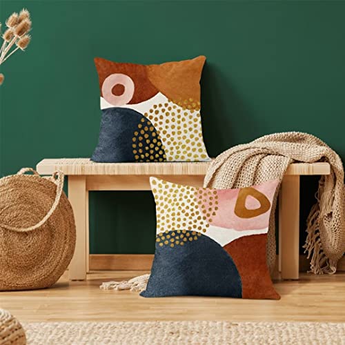Abstract Boho Pillow Covers 18X18 Set Of 2, Navy Blue Orange Pink Geometric Decorations Throw Pillow Covers Mid Century Style Outdoors Decorative Linen Cushion Case For Home And Office #TOP3