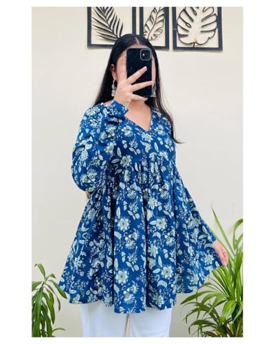 Image of Women's Floral Print Reyon Peplum Top - Casual Loose Fit 3 /4 Sleeve Tunic top, Stylish V-Neck Flared Kurti, Comfortable Everyday Wear