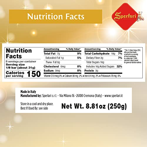 Sperlari Torrone Traditional Italian Candy - Gourmet Soft Nougat With Honey, Vanilla & Crunchy Sliced Almonds - Holiday Italian Nougat Sweet Treat - Full Size Candy For Gifting - 8.81oz (250g) 1 Pack