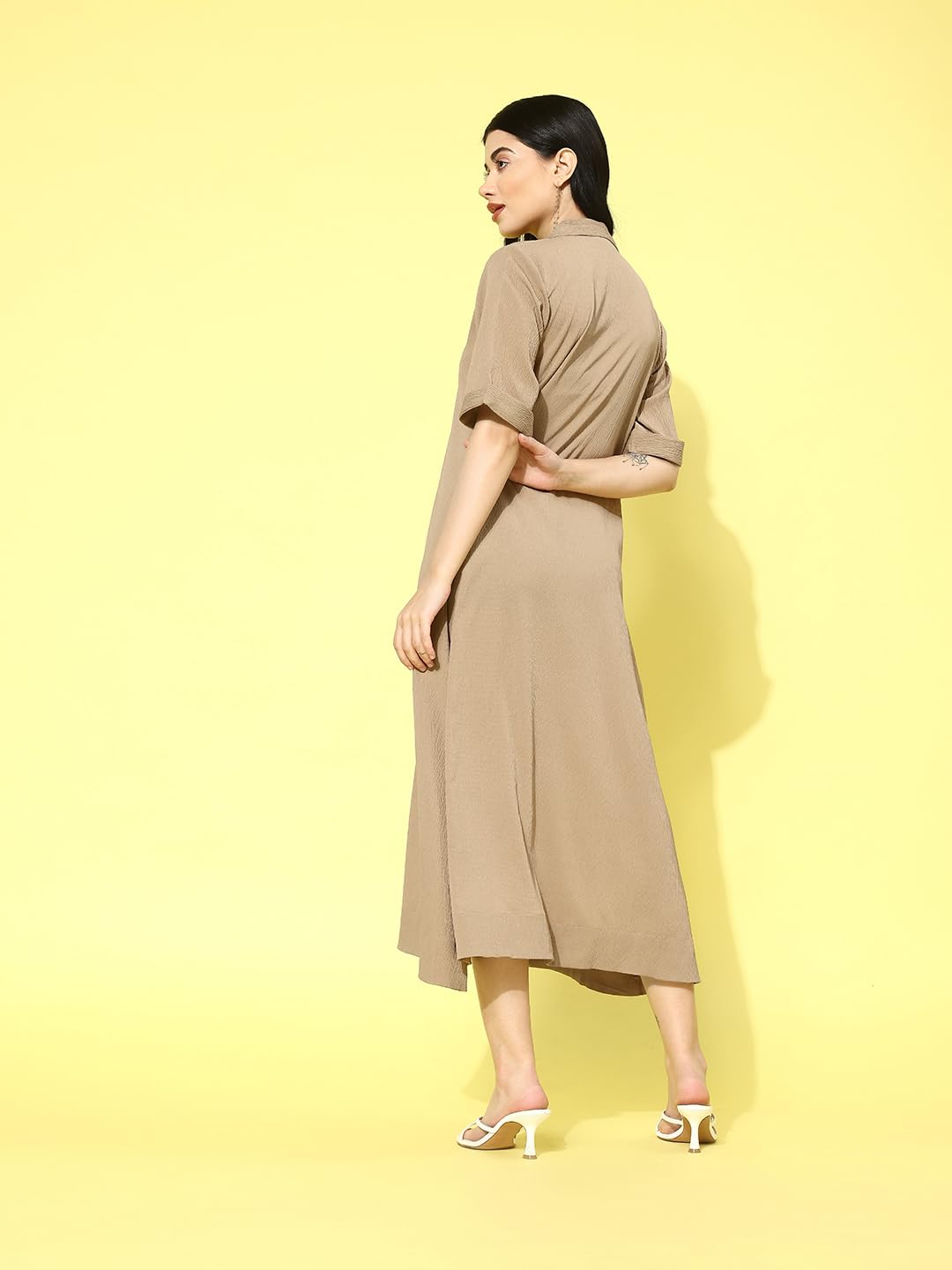 Varanga Women Beige Shirt Collar A-Line Dress  Comfortable Short Sleeves Calf Length Dress For Stylish Everyday Wear, Office & Casual Outings (Medium)