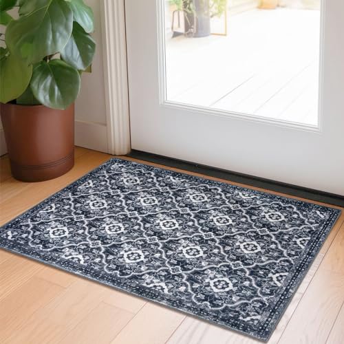 KILOCOCO 2x3 Area Rug, Moroccan Super Soft Entryway Rugs Indoor Vintage Washable Rug Non-Slip Indoor Door Mat, Accent Print Faux Wool Throw Rug for Kitchen Bedroom Entrance, Black/Navy Blue White