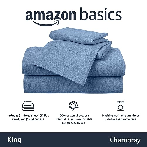 Image of Amazon Basics Cotton Jersey 4-Piece Bed Sheet Set, King, Chambray Blue, Solid