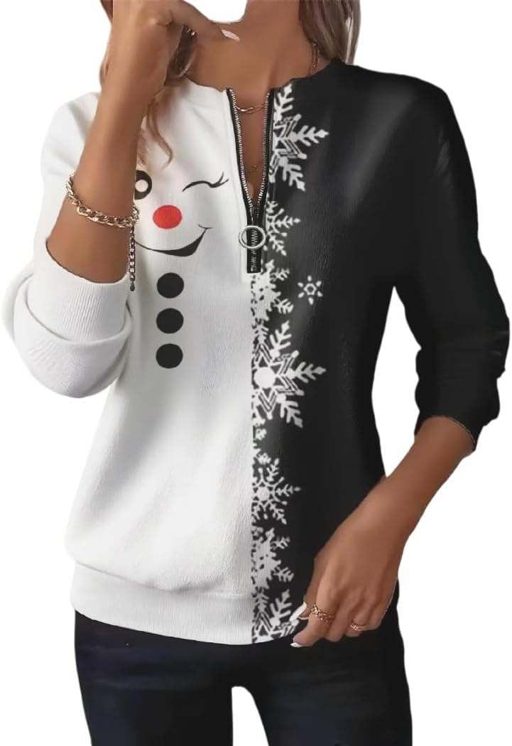 Qbily Women's Long Sleeve Winter Christmas Sweatshirt Casual Xmas Snowflake Christmas tree Printed Shirts Pullover Tops