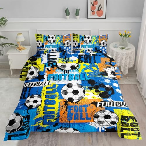 Image of American Soccer Comforter Set Sport Themed Graffiti Printed Bedding Set with 1 Comforter and 2 Pillowcases for Boys and Girls Bedroom All Season(Soccer-2 Full)