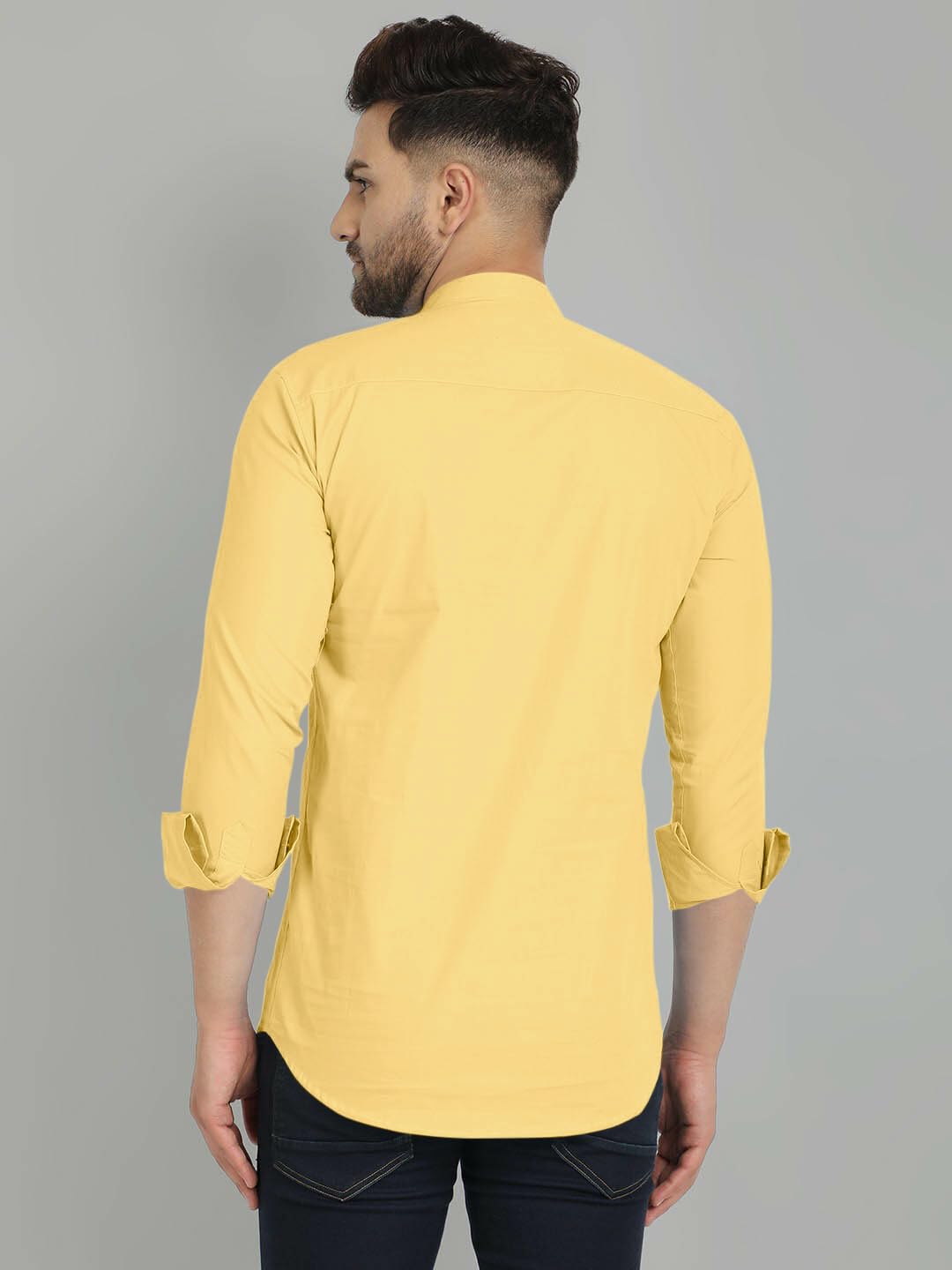 Royalscout Men's Cotton Blend Full Sleeve Short Kurta With Mandarin Collar Yellow