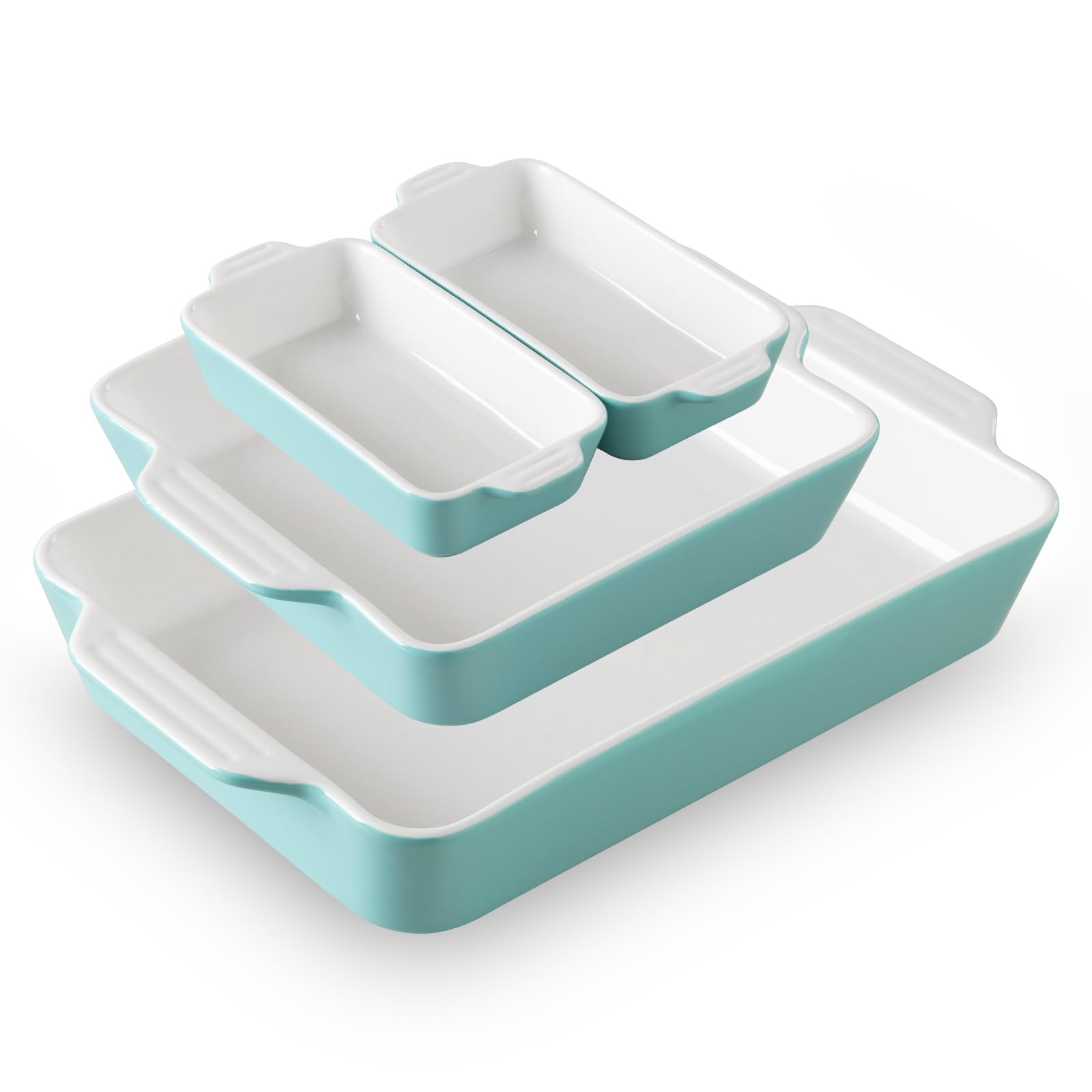 Sweejar Home Keramik-Backformen-Set, 4er-Set, Auflaufformen für Ofen, rechteckige Auflaufform mit Griffen, Lasagne-Pfannen tief zum Kochen, Gratin, Braten, Bankett und den täglichen Gebrauch (Türkis)