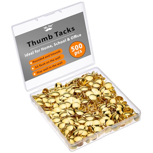 Mr. Pen- Thumb Tack, 500 Pack, Gold, Flat Push Pins Bulk, Metal Roundness Push Pins Office Tacks for Corkboard, Hanging Maps, Poster, Picture and Creating Different Art Project