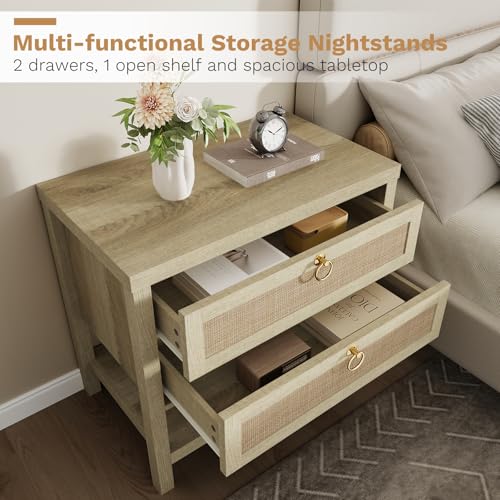 Image of Eclatara Large Rattan Night Stands:Boho Nightstand with Drawers and Storage Shelf, Reclaimed Light Oak Bedside Table End Table Side Table for Bedroom(Reclaimed Light Oak,1 Piece)