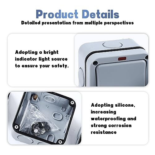 Universalschalter Wetterfester Schalter Lichtschalter: 20A IP66 Wasserdicht Schalter mit Unabhängigem Schalter Und Kontrollleuchte, Grau Aussen Switch für Outdoor Garten Balkon, 1 Gang