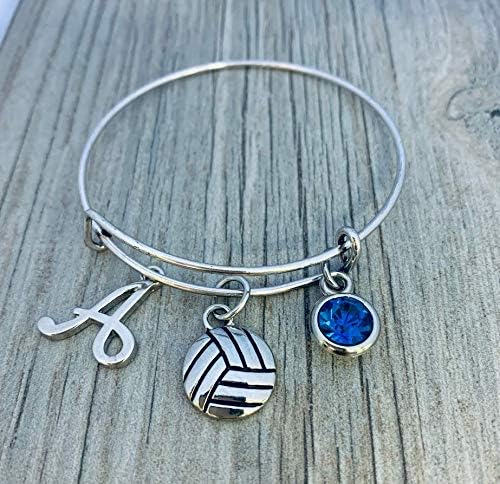 Personalized Volleyball Charm Bangle Bracelet with Letter & Birthstone Charm, Custom Girls Volleyball Jewelry - Gift For Volleyball Players & Teams - Image 2