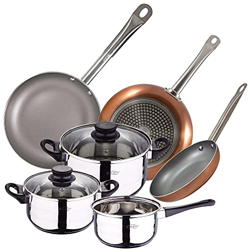San Ignacio 5 Piece Stainless Steel Cookware Set with Optimum Plus Frying Pan Set (18,22,26 mm) in Pressed Aluminium Suitable for Induction, PK3210