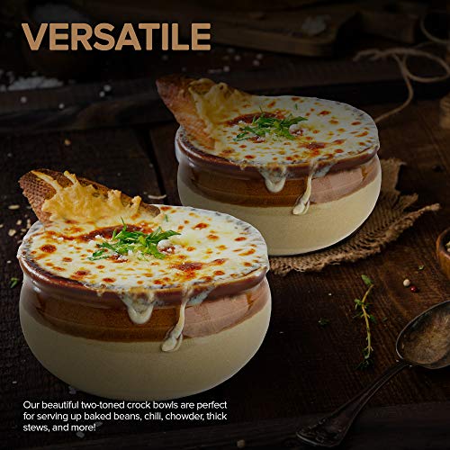Stock Your Home Mini French Onion Soup Crocks (4 Count) - 10 Ounce Oven Safe French Onion Soup Bowls - Two-Toned Brown & Ivory Miniature Ceramic Porcelain Soup Bowls - Stoneware Crocks For Soup #TOP4