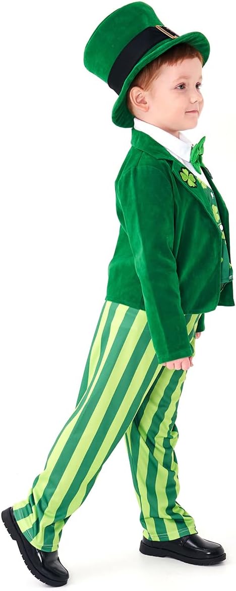 Kids Boys St. Patrick's Day Leprechaun Costume Irish Green Outfit with Lucky Hat