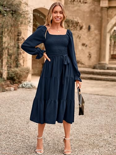Image of Simplee Womens Long Sleeve Maxi Dress Casual Square Neck Smocked Flowy Fall Wedding Guest Dresses