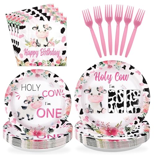 96Pcs Holy Cow I'm One Party Decorations Floral Cow Party Plates and Napkins Disposable Moo Moo I'm One Tableware Set for Girls 1st Birthday Farm Animals Themed Baby Shower Party Supplies Serves 24