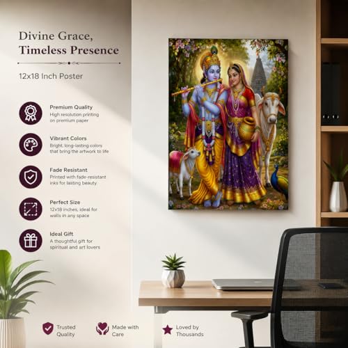 Image of Rangoli Radha Krishna Self Adhesive Poster 12x18 Inch | Hindu God Wall Sticker Poster with Cow & Calf for Home Temple Pooja Room Living Room Bedroom Decor | Spiritual Devotional Wall Art